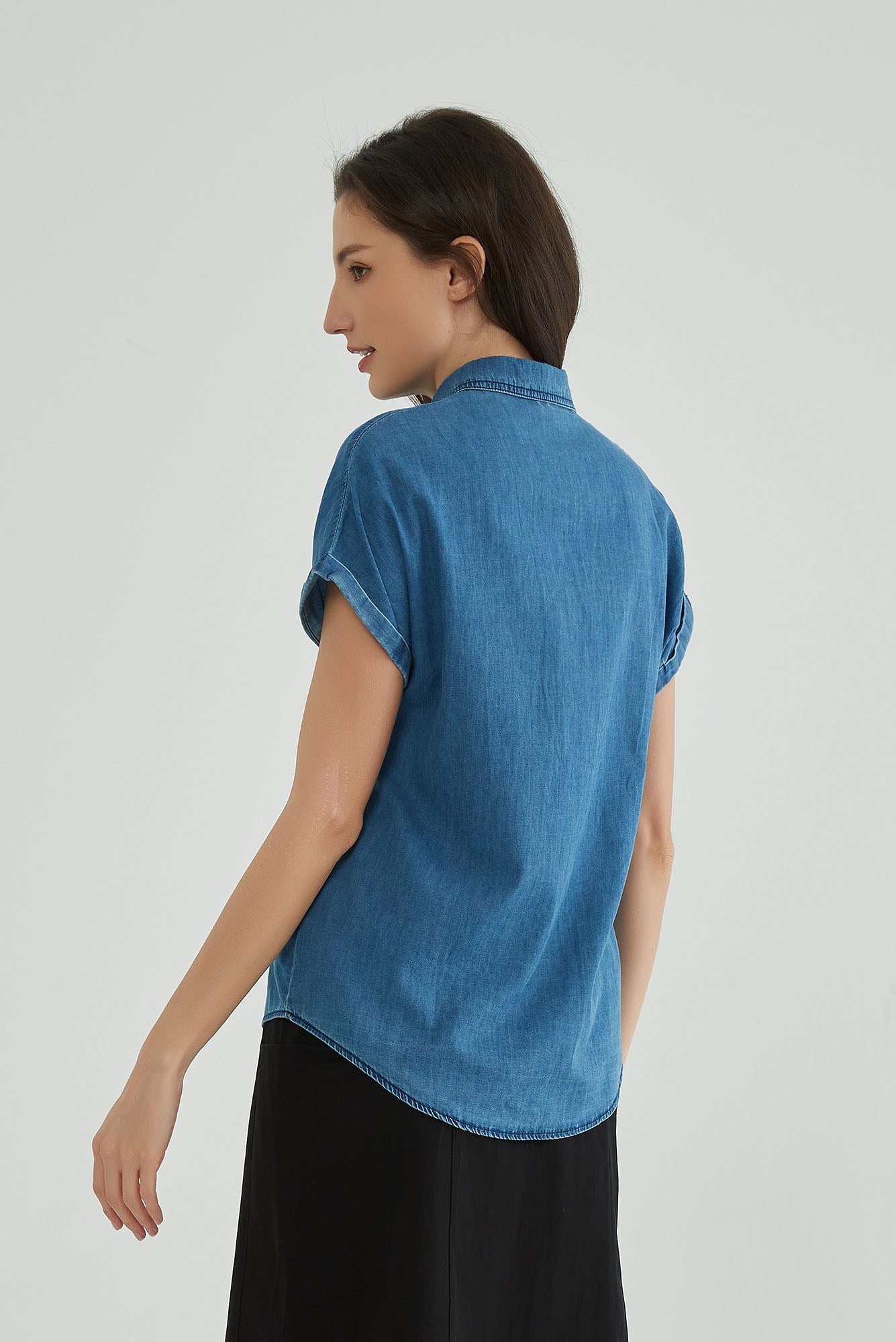 Indigo Blue Short Sleeve Denim Shirt Womens - Whisper Mint